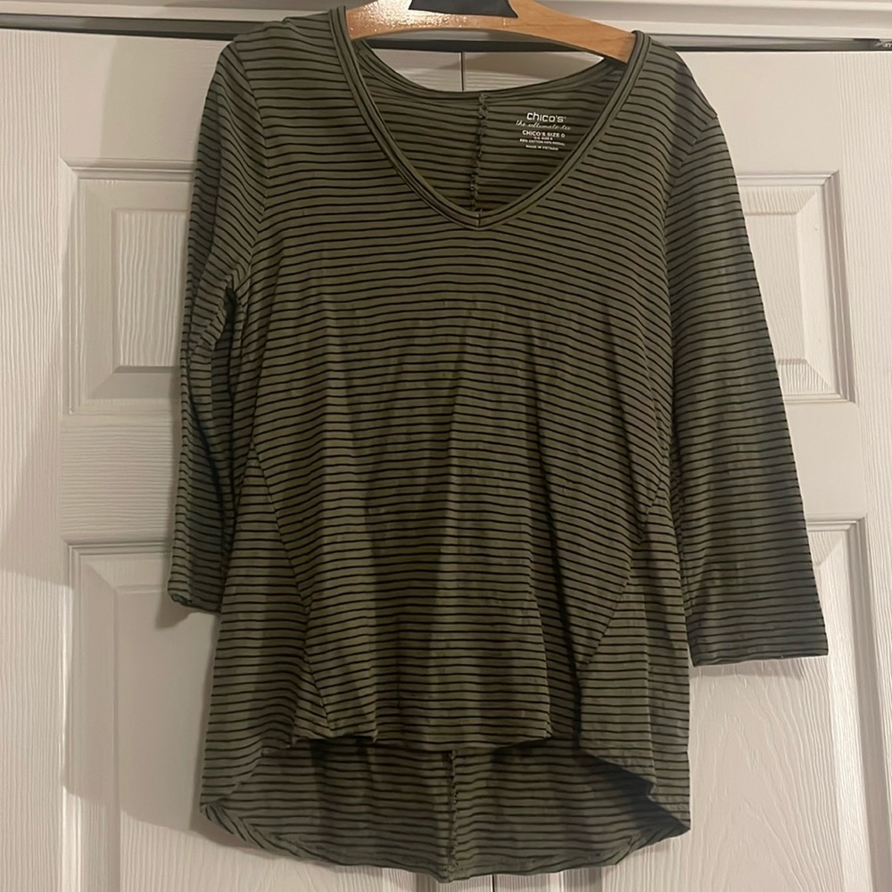 Chico’s Olive With Black Stripe 3/4 Sleeve Tee Siize Small/Chico’s 0